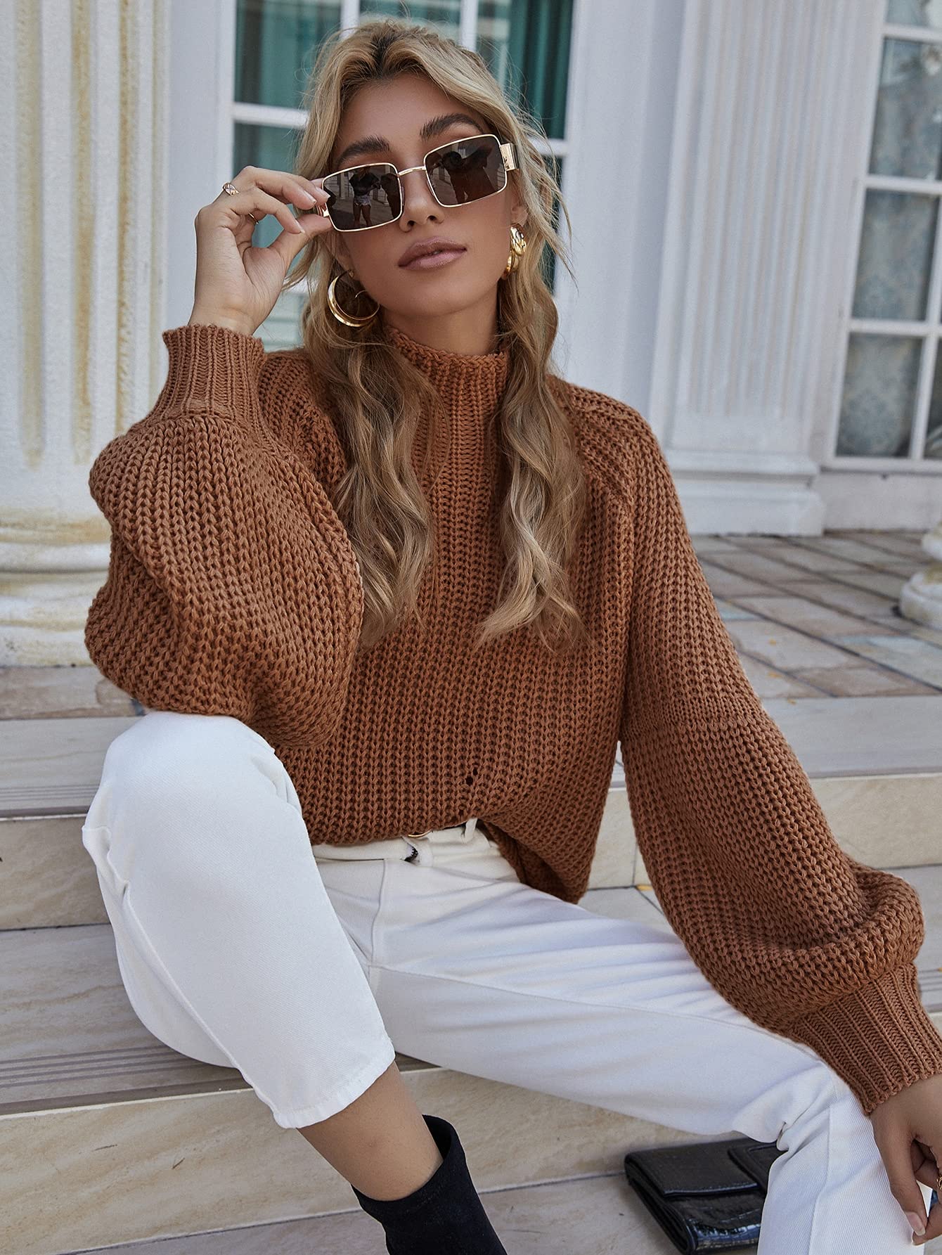 Amazon.com: Lantern Sleeve Chunky Knit Oversize Sweater (Color